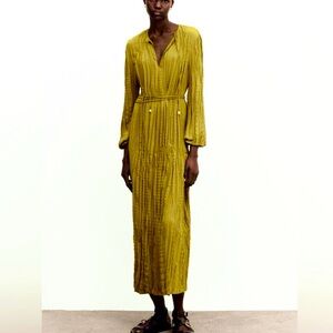 New Massimo Dutti Pleated Maxi Dress Green